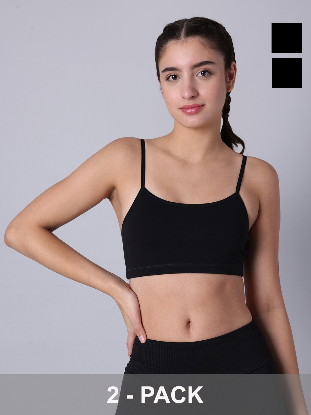 Pack of 2 Double Layered Black Sports Bra. Non Padded, Non Wired