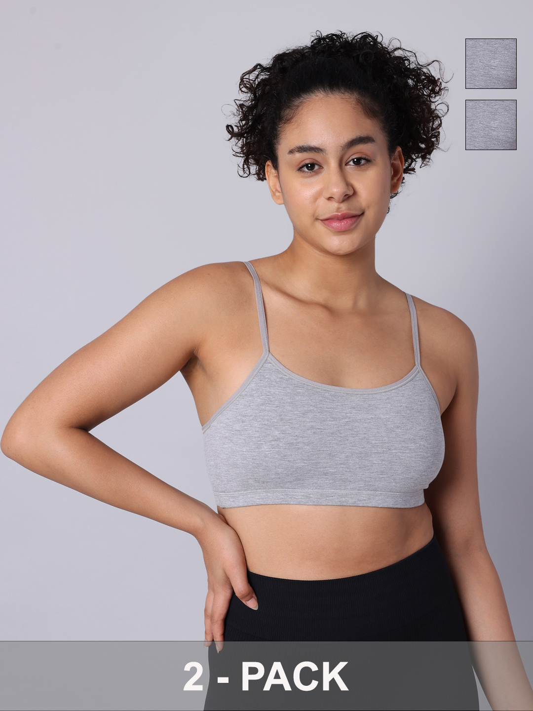 Pack of 2 Double Layered Grey Melange Sports Bra. Non Padded, Non Wired