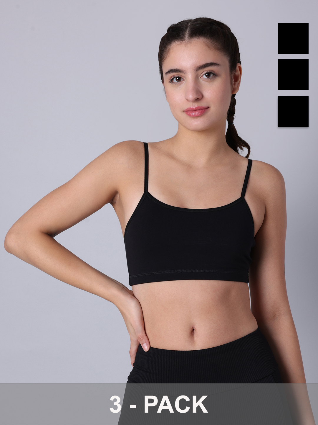 Pack of 3 Double Layered Black Sports Bra. Non Padded, Non Wired