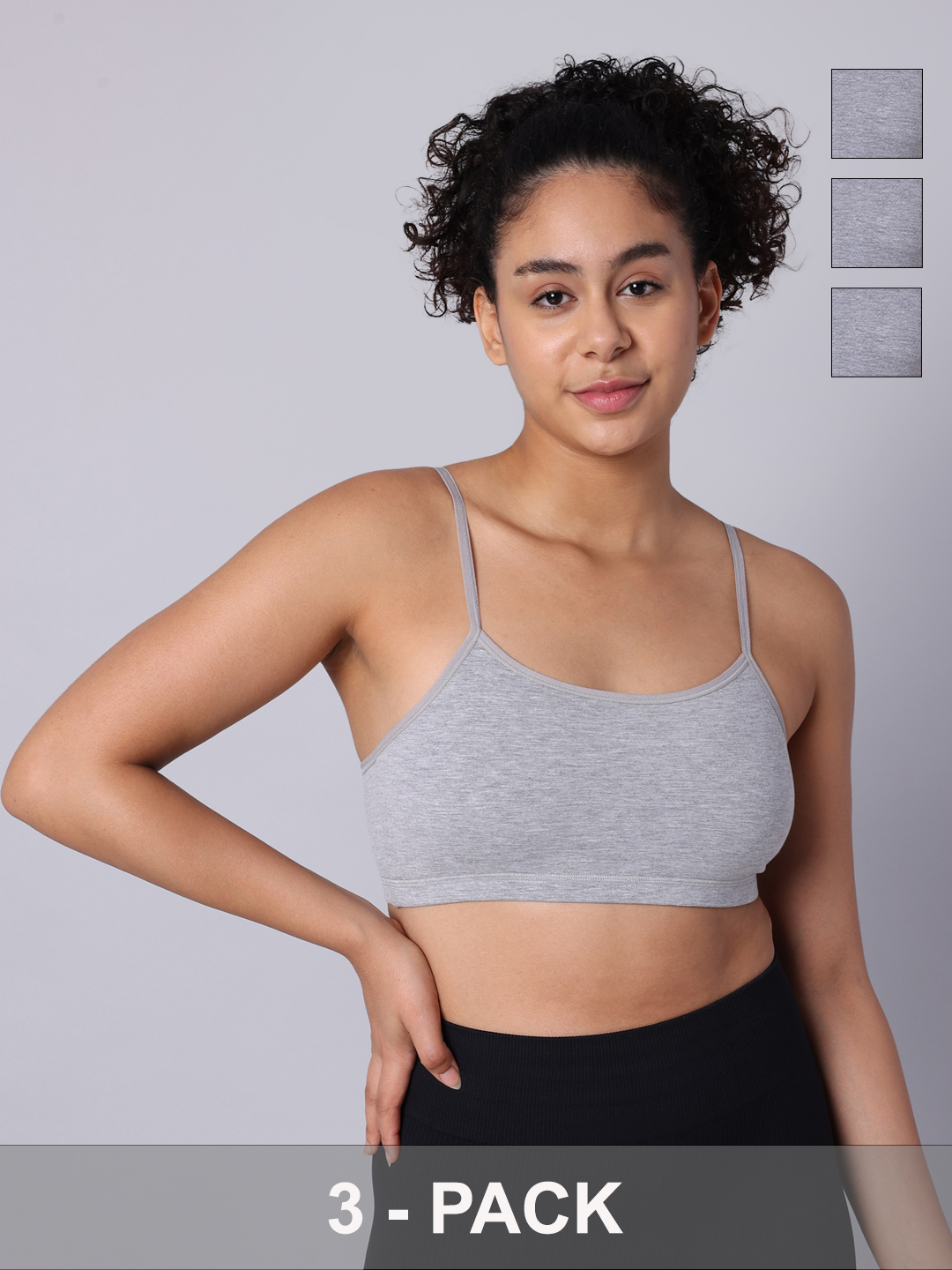 Pack of 3 Double Layered Grey Melange Sports Bra. Non Padded, Non Wired