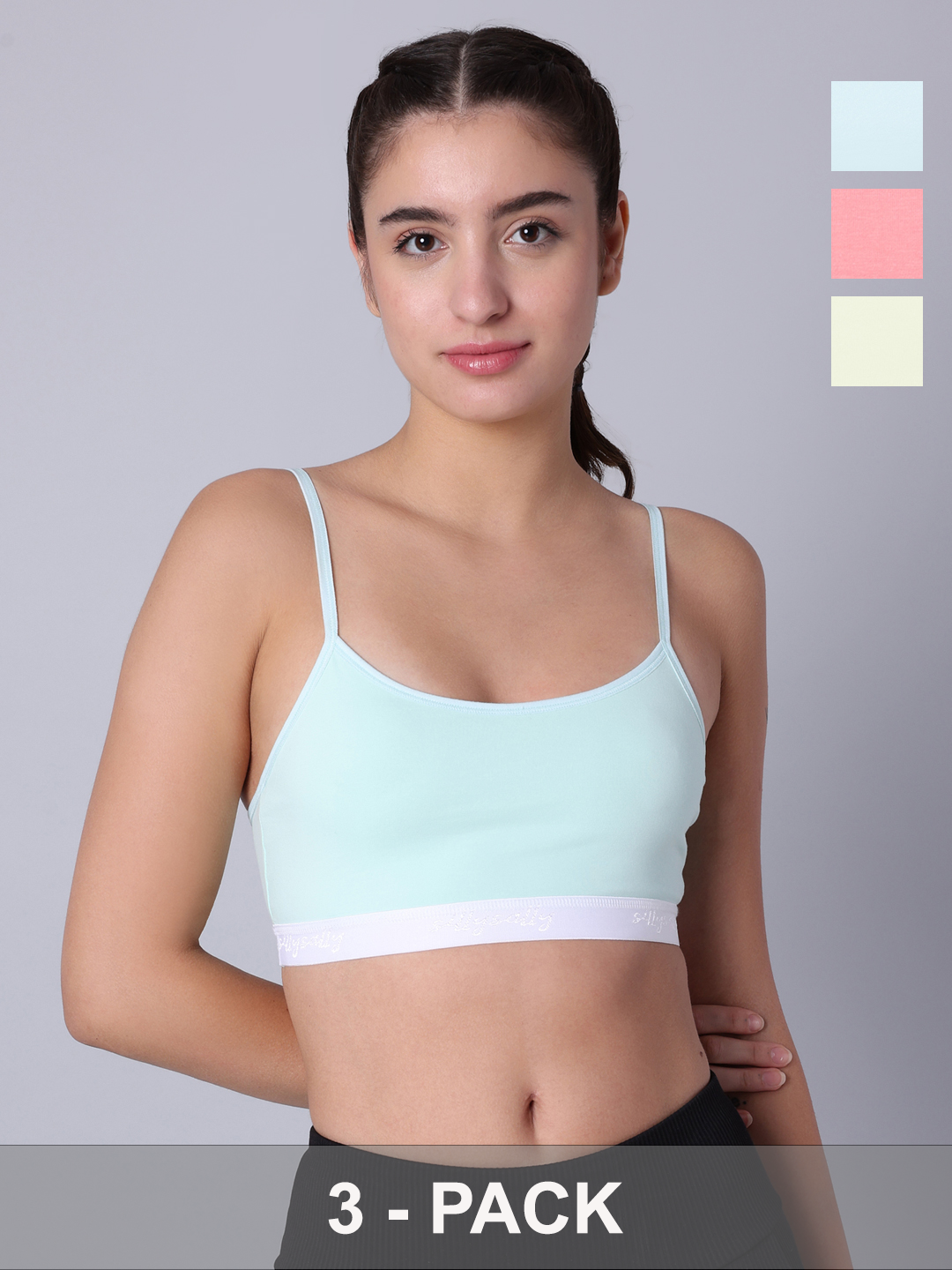 Pack of 3 Double Layered Multicolor Sports Bra. Non Padded, Non Wired