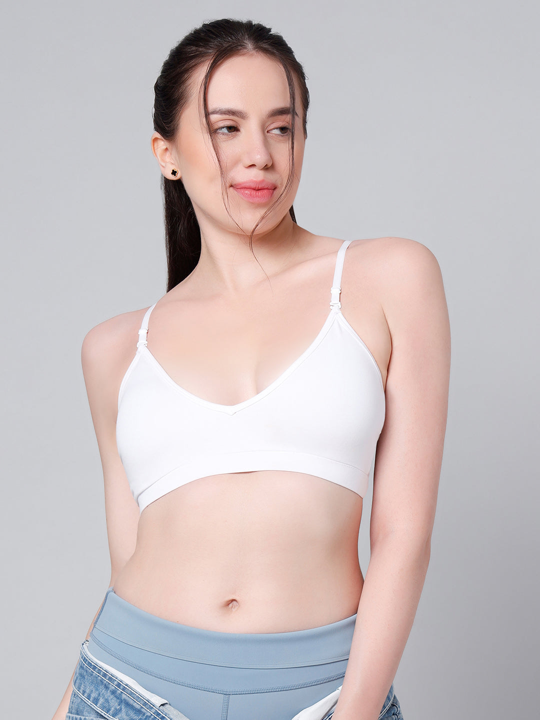 Cotton Stretch Padded Wire-Free Triangle Bra - V-Neck Everyday Comfort - White - Pack of 2