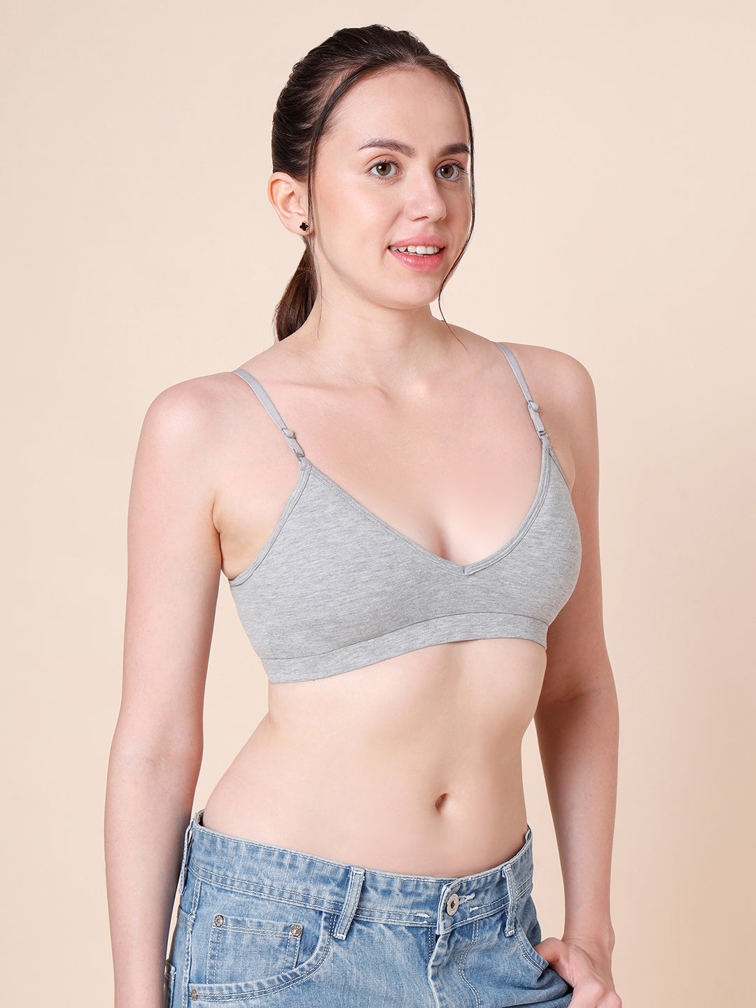Cotton Stretch Padded Wire-Free Triangle Bra - V-Neck Everyday Comfort - Grey Melange