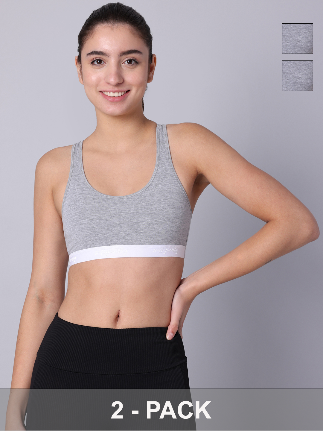 Pack of 2 Double Layered Grey Melange Racerback Bra. Non Padded, Non Wired