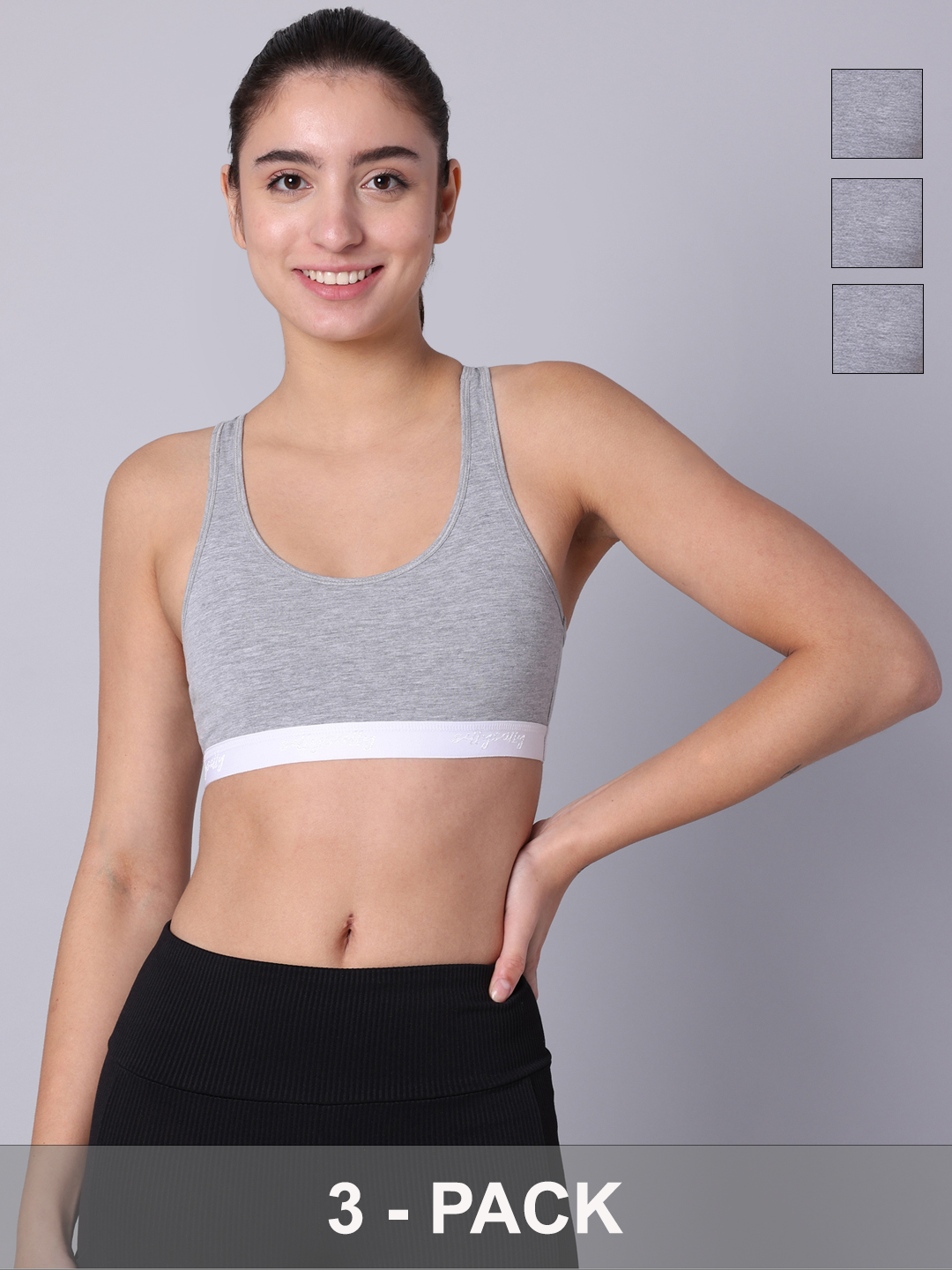 Pack of 3 Double Layered Grey Melange Racerback Bra. Non Padded, Non Wired