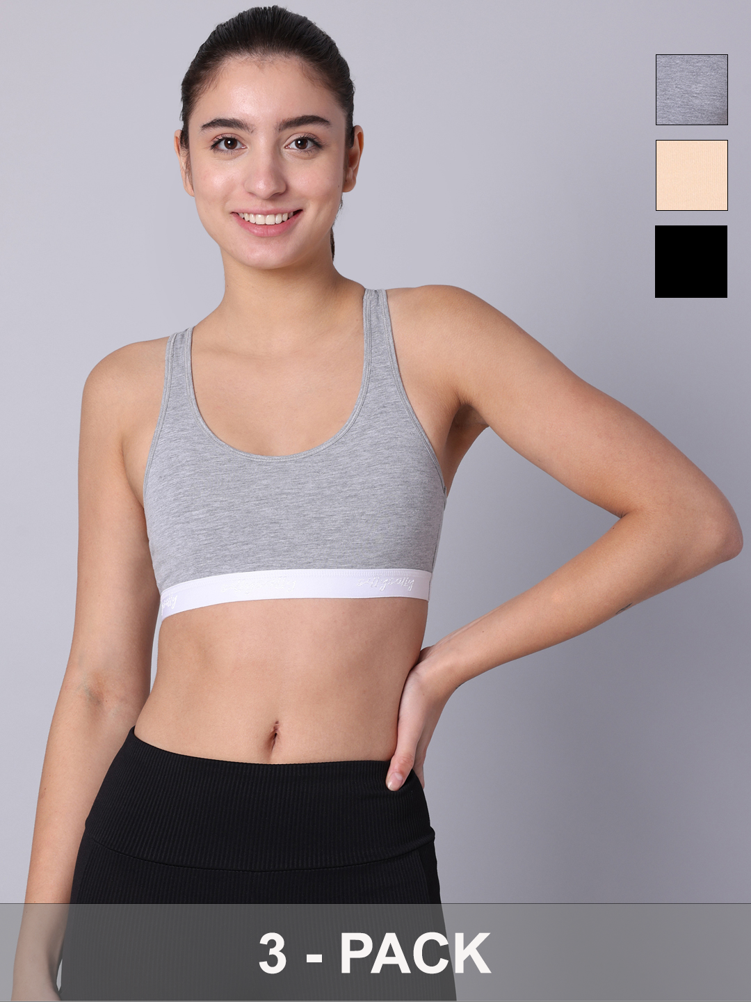Pack of 3 Double Layered Multicolor Racerback Bra. Non Padded, Non Wired