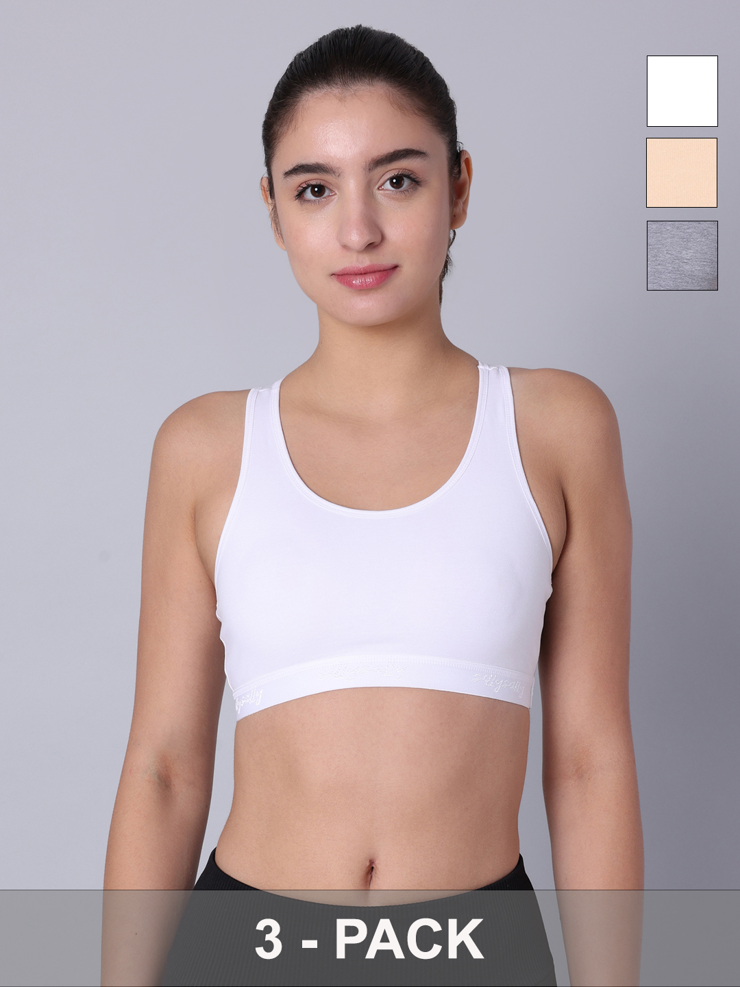 Pack of 3 Double Layered Multicolor Racerback Bra. Non Padded, Non Wired