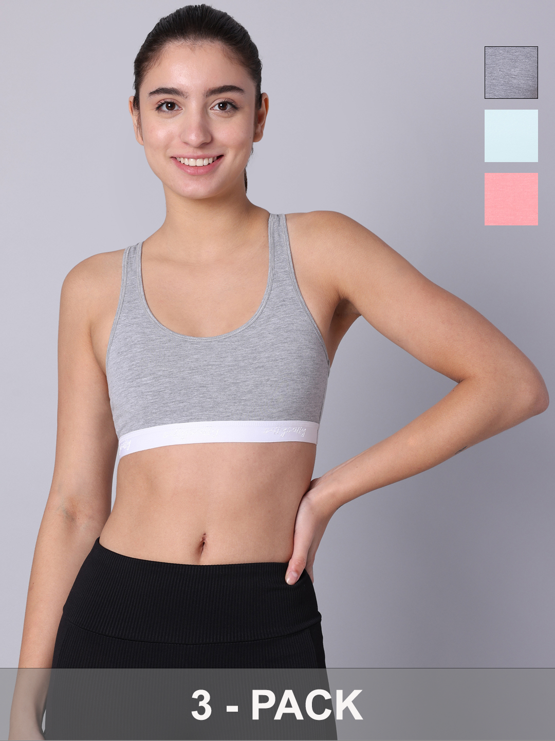 Pack of 3 Double Layered Multicolor Racerback Bra. Non Padded, Non Wired
