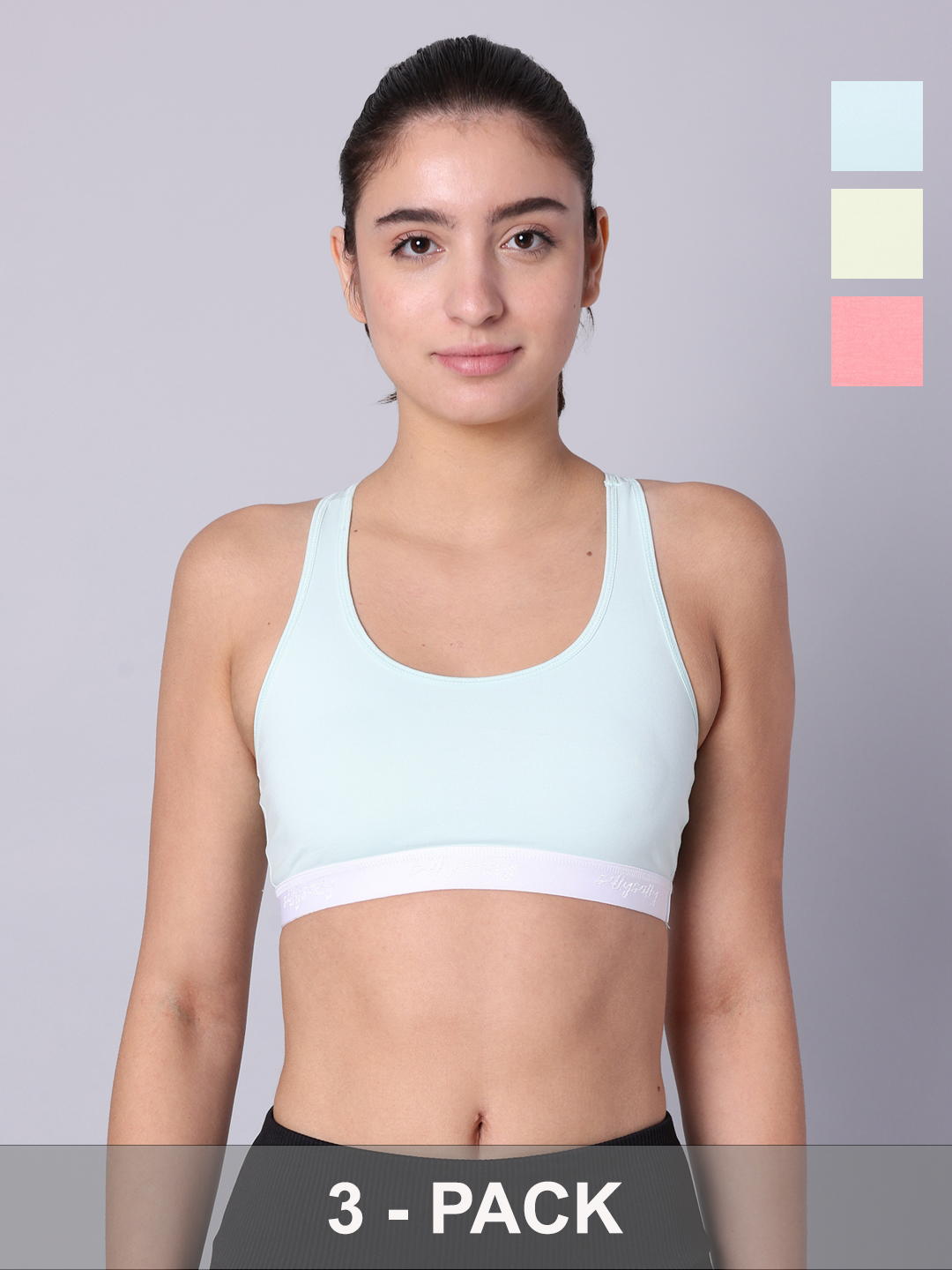 Pack of 3 Double Layered Multicolor Racerback Bra. Non Padded, Non Wired