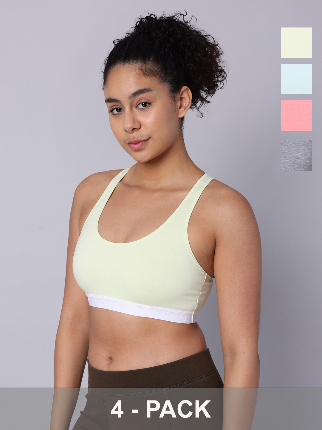 Pack of 4 Double Layered Multicolor Racerback Bra. Non Padded, Non Wired