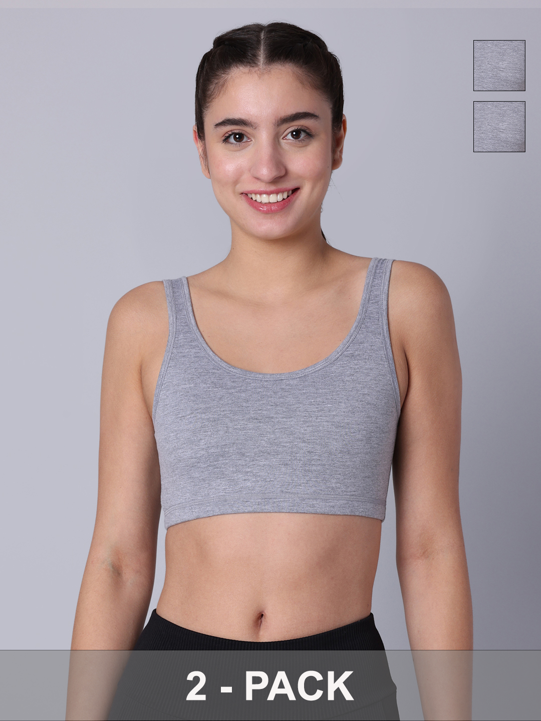 Pack of 2 Double Layered Grey Melange Active Bra. Non Padded, Non Wired
