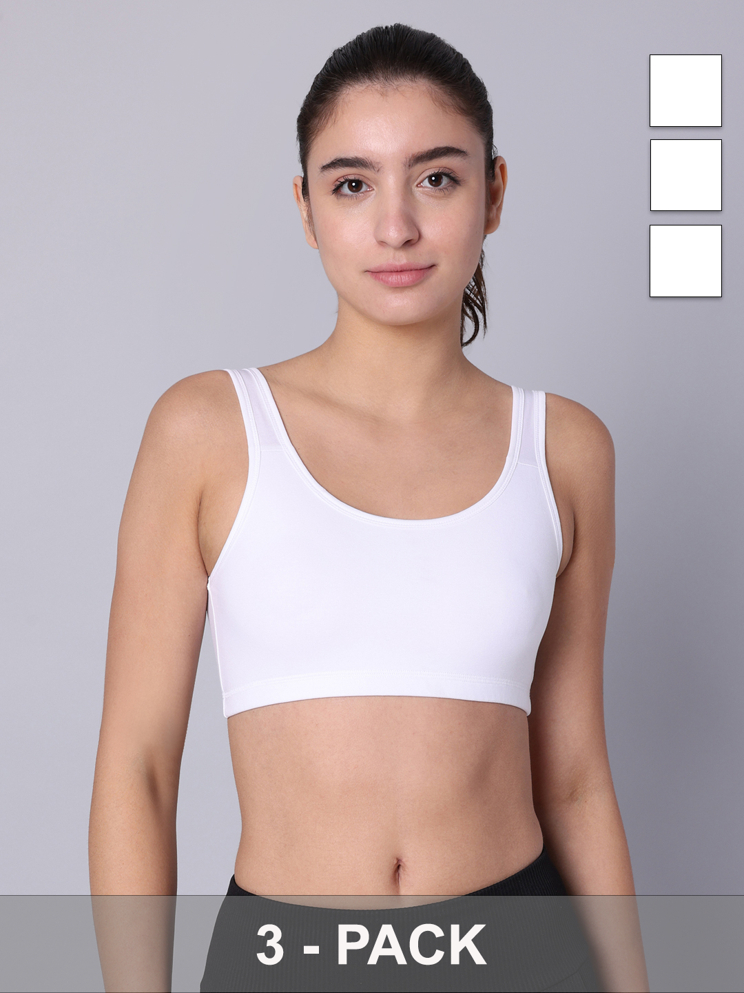 Pack of 3 Double Layered White Active Bra. Non Padded, Non Wired