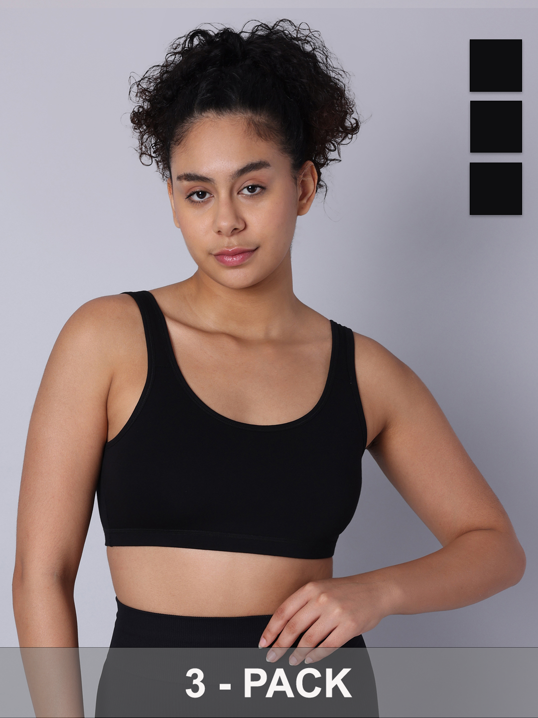 Pack of 3 Double Layered Black Active Bra. Non Padded, Non Wired