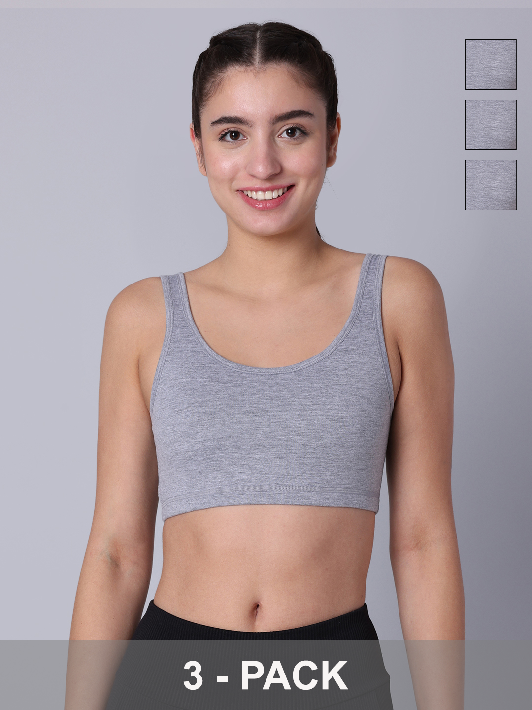 Pack of 3 Double Layered Grey Melange Active Bra. Non Padded, Non Wired