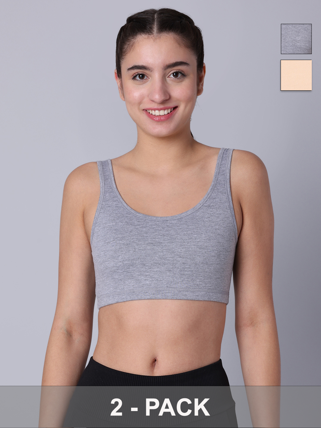 Pack of 2 Double Layered Multicolor Active Bra. Non Padded, Non Wired