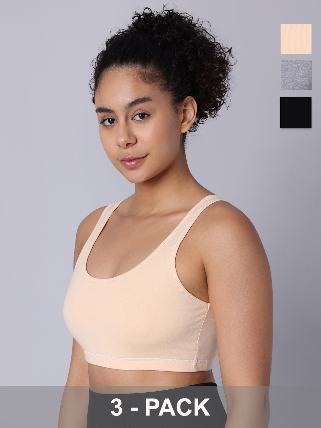 Pack of 3 Double Layered Multicolor Active Bra. Non Padded, Non Wired