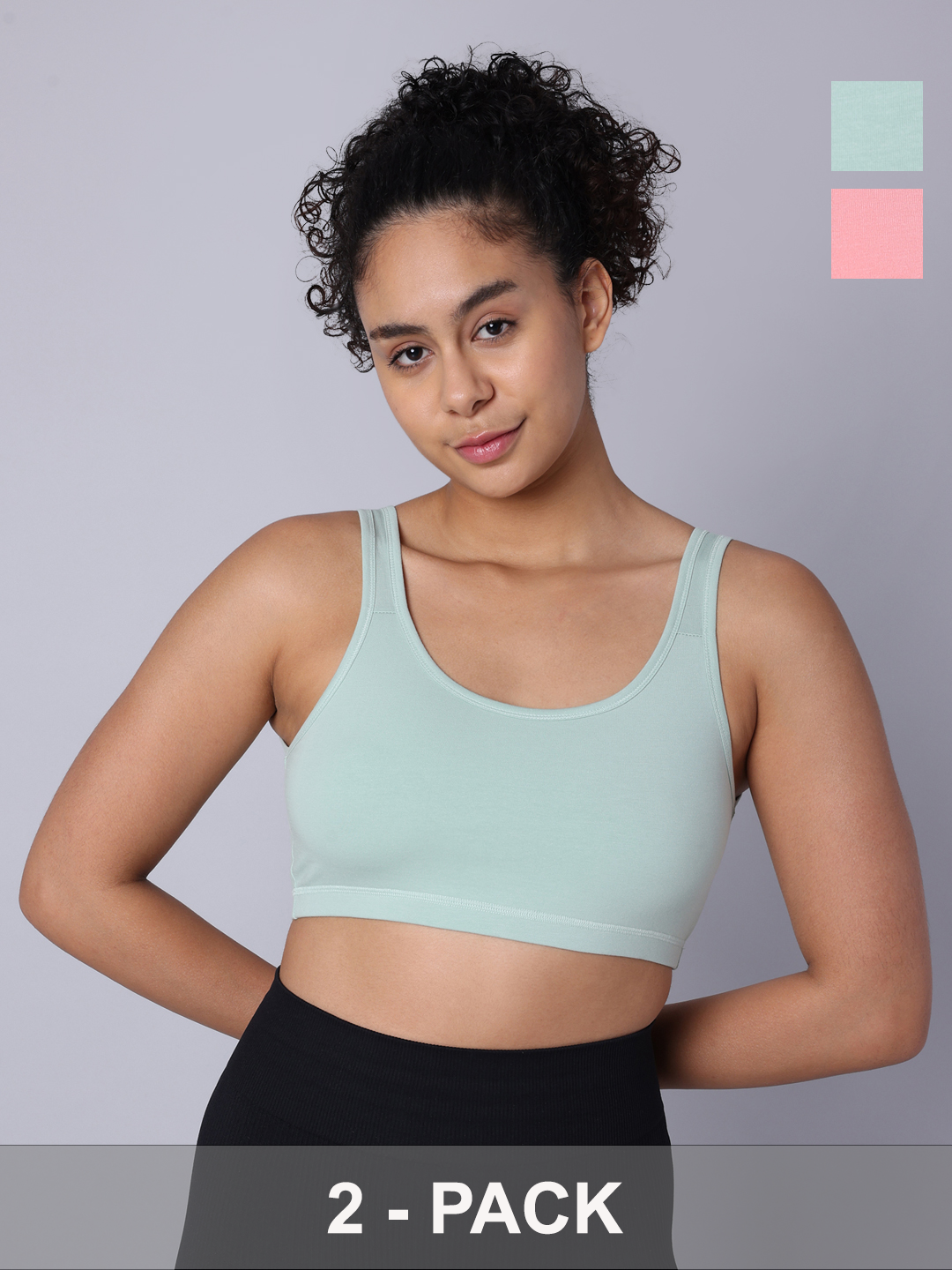 Pack of 2 Double Layered Multicolor Active Bra. Non Padded, Non Wired