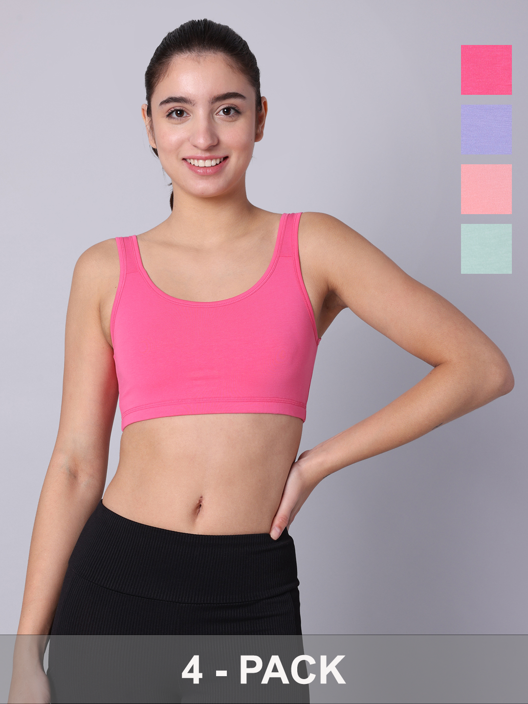 Pack of 4 Double Layered Multicolor Active Bra. Non Padded, Non Wired