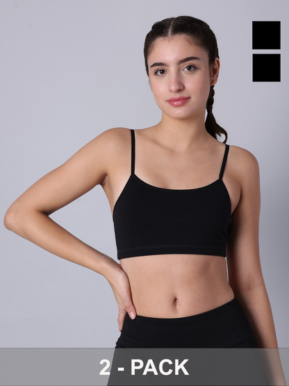 Pack of 2  Double Layered Black Sports Bra. Non Padded, Non Wired