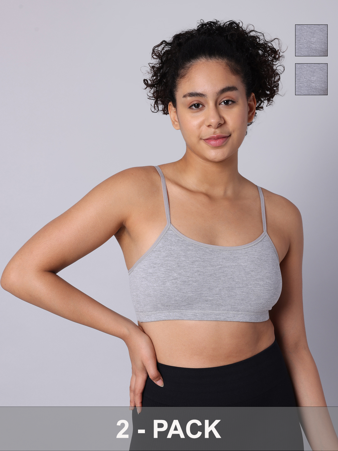 Pack of 2  Double Layered Grey Melange Sports Bra. Non Padded, Non Wired