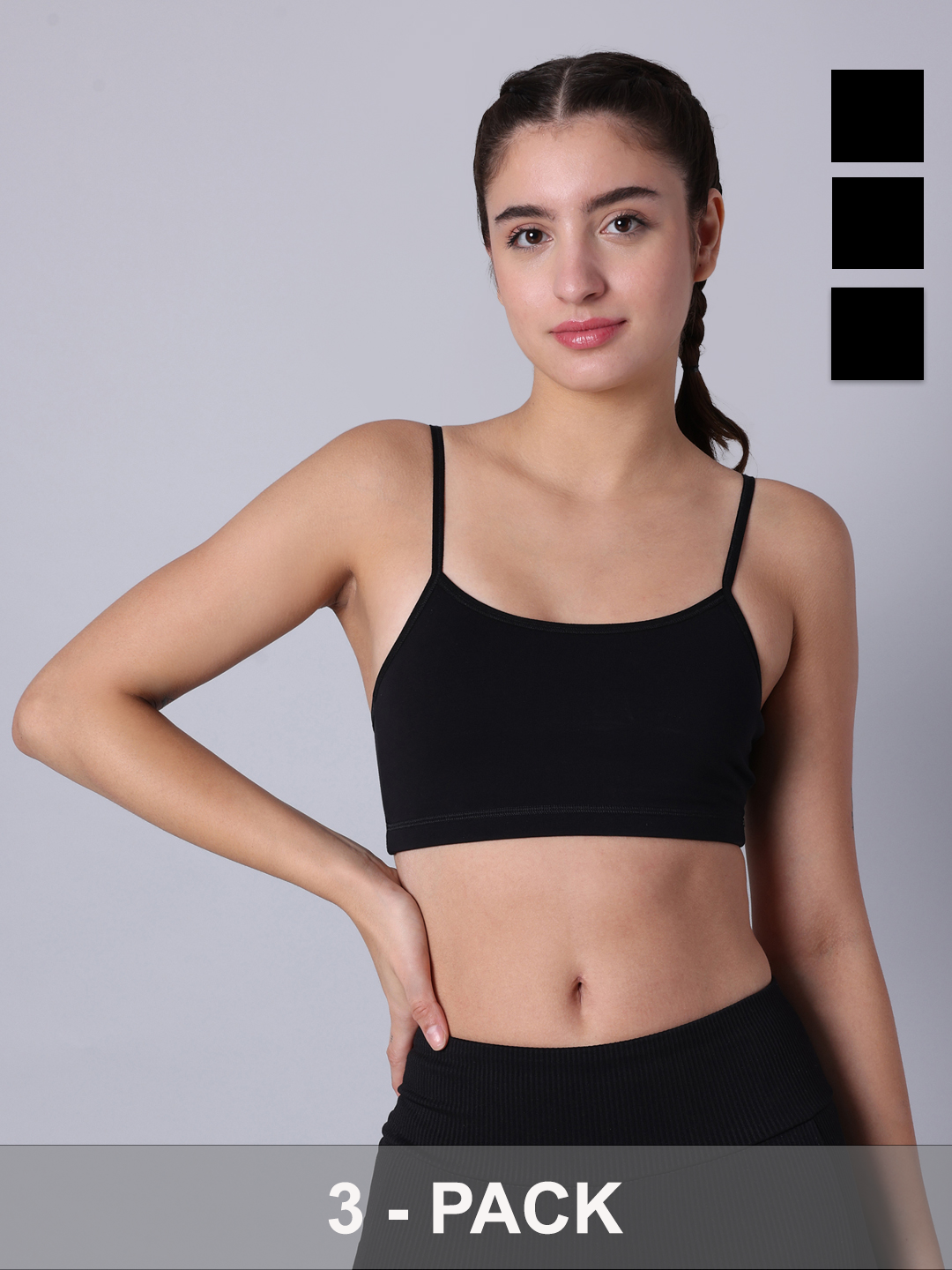 Pack of 3  Double Layered Black Sports Bra. Non Padded, Non Wired