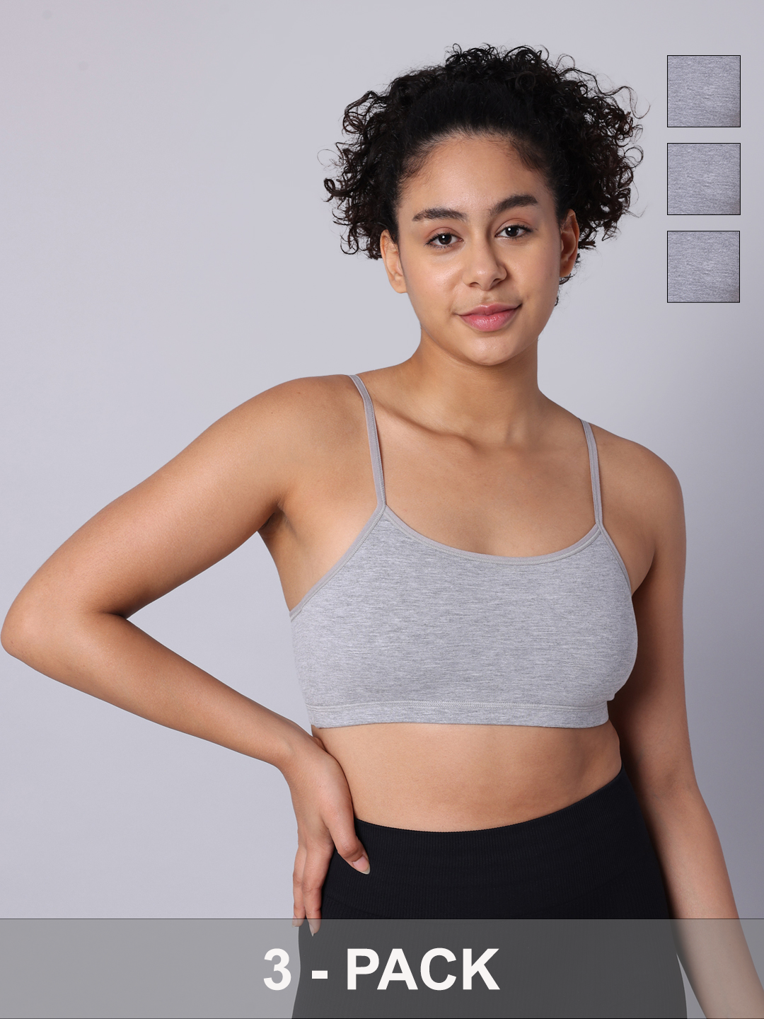 Pack of 3  Double Layered Grey Melange Sports Bra. Non Padded, Non Wired