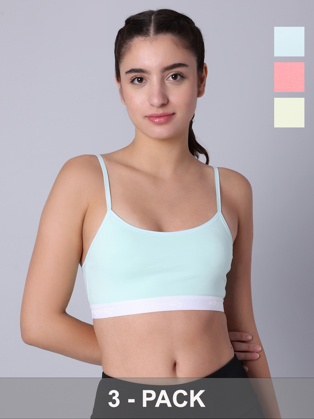 Pack of 3  Double Layered Multicolor Sports Bra. Non Padded, Non Wired