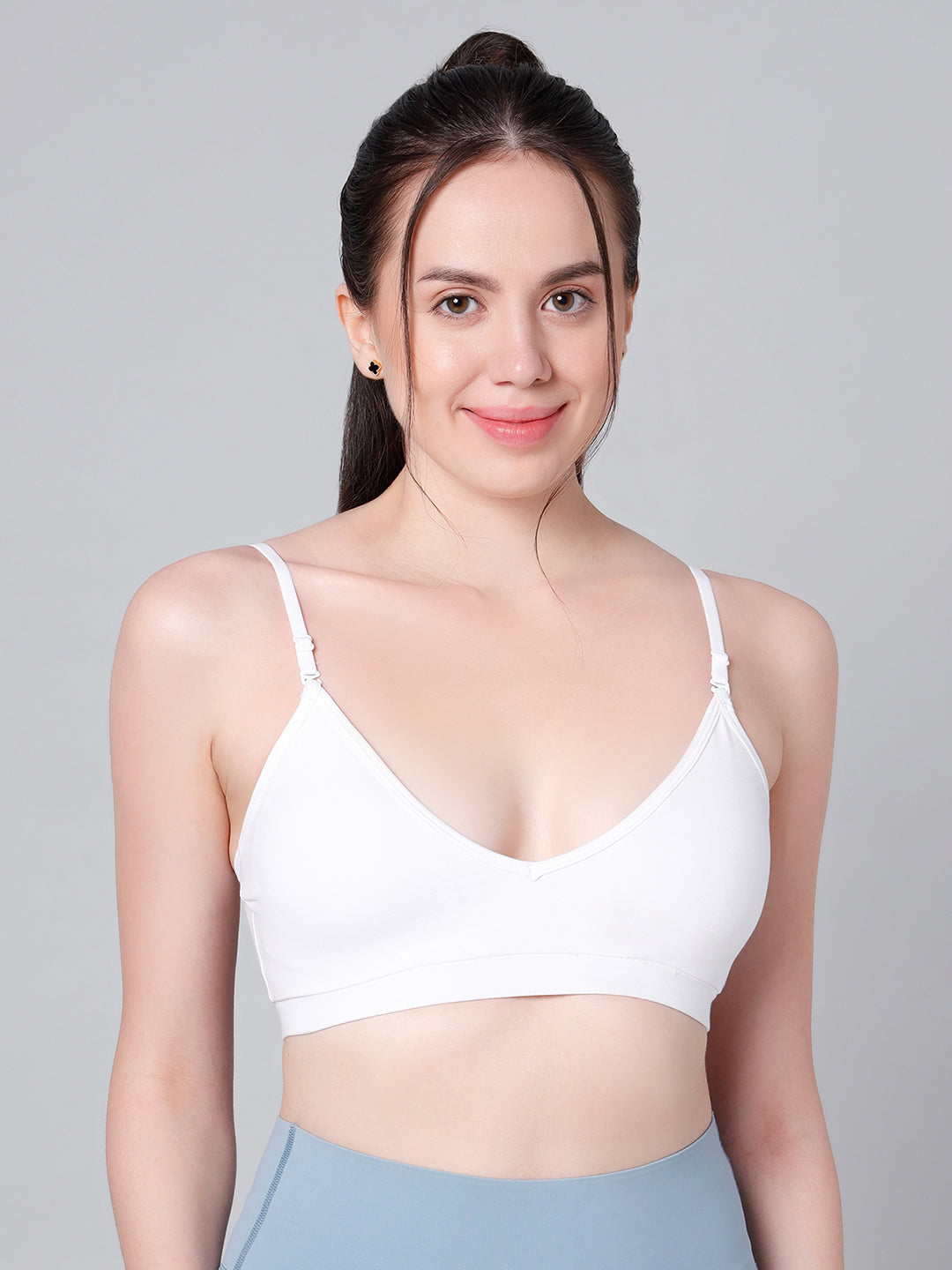 Cotton Stretch Padded Wire-Free Triangle Bra - V-Neck Everyday Comfort - White & Black - Pack of 2