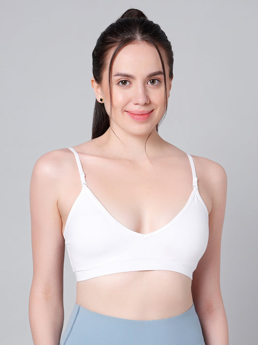 Cotton Stretch Padded Wire-Free Triangle Bra - V-Neck Everyday Comfort - White