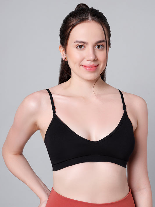 Cotton Stretch Padded Wire-Free Triangle Bra - V-Neck Everyday Comfort - Black