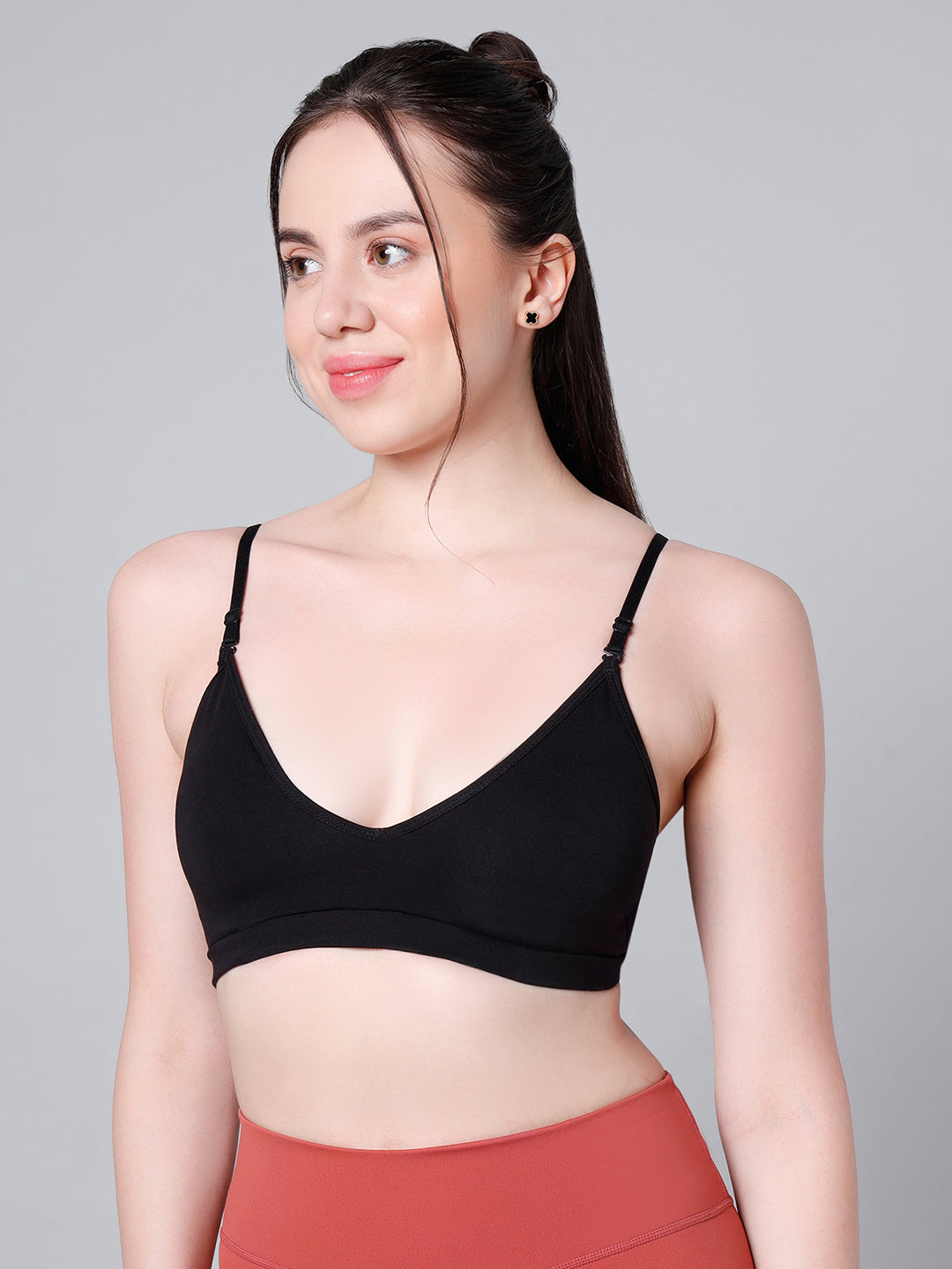Cotton Stretch Padded Wire-Free Triangle Bra - V-Neck Everyday Comfort - Black
