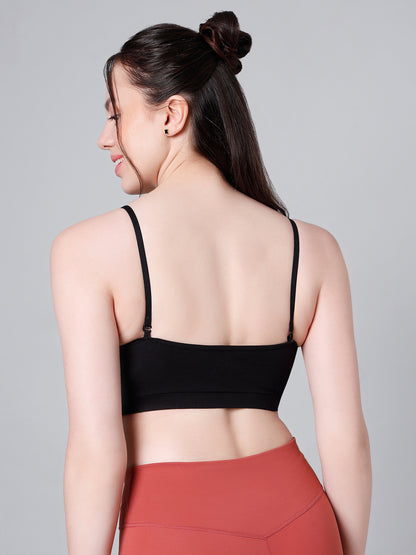 Cotton Stretch Padded Wire-Free Triangle Bra - V-Neck Everyday Comfort - Black