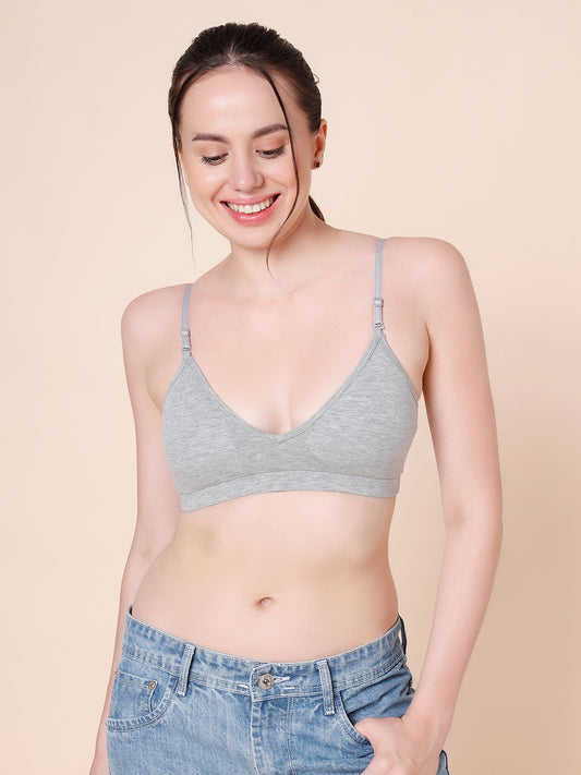 Cotton Stretch Padded Wire-Free Triangle Bra - V-Neck Everyday Comfort - Grey Melange