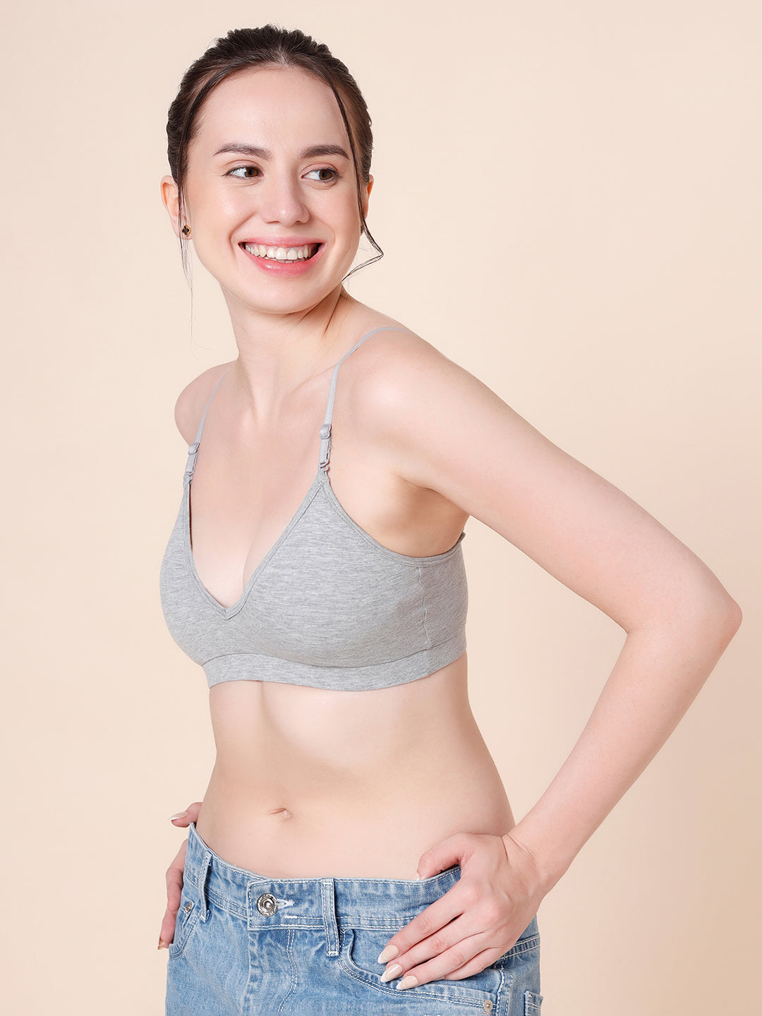 Cotton Stretch Padded Wire-Free Triangle Bra - V-Neck Everyday Comfort - Chalk & Grey - Pack of 2
