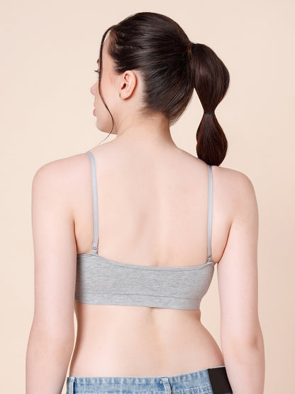 Cotton Stretch Padded Wire-Free Triangle Bra - V-Neck Everyday Comfort - Chalk & Grey - Pack of 2