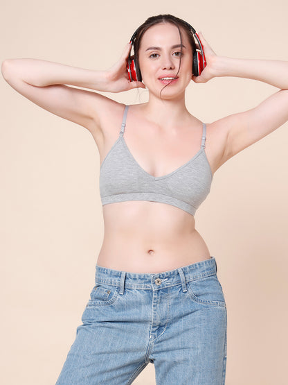 Cotton Stretch Padded Wire-Free Triangle Bra - V-Neck Everyday Comfort - Chalk & Grey - Pack of 2