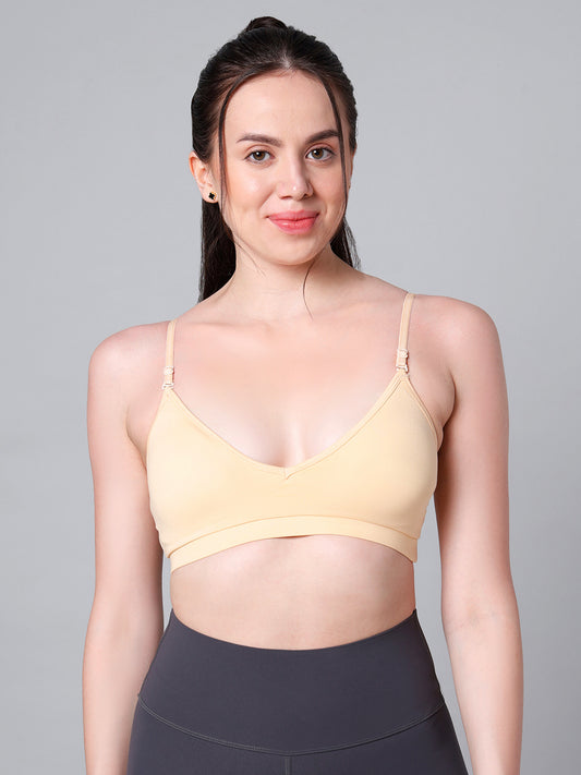 Cotton Stretch Padded Wire-Free Triangle Bra - V-Neck Everyday Comfort - Skin