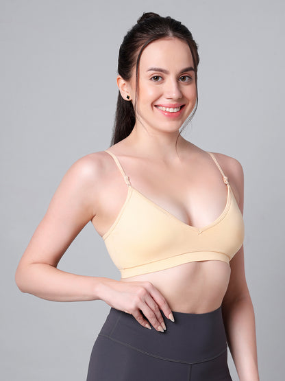 Cotton Stretch Padded Wire-Free Triangle Bra - V-Neck Everyday Comfort - Skin & Grey - Pack of 2