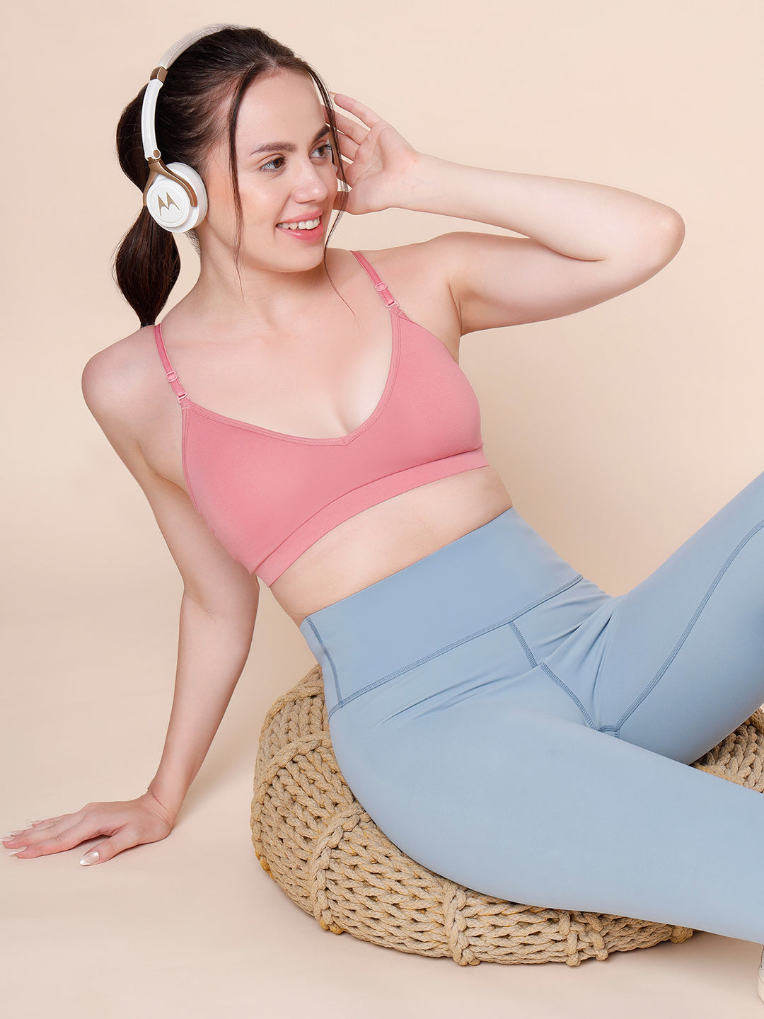 Cotton Stretch Padded Wire-Free Triangle Bra - V-Neck Everyday Comfort - Rose