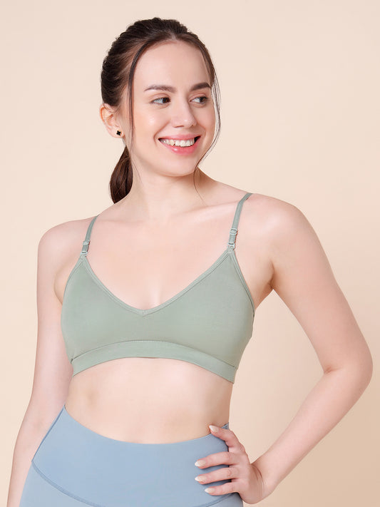 Cotton Stretch Padded Wire-Free Triangle Bra - V-Neck Everyday Comfort - Pista