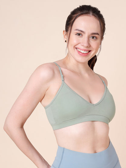Cotton Stretch Padded Wire-Free Triangle Bra - V-Neck Everyday Comfort - Pista