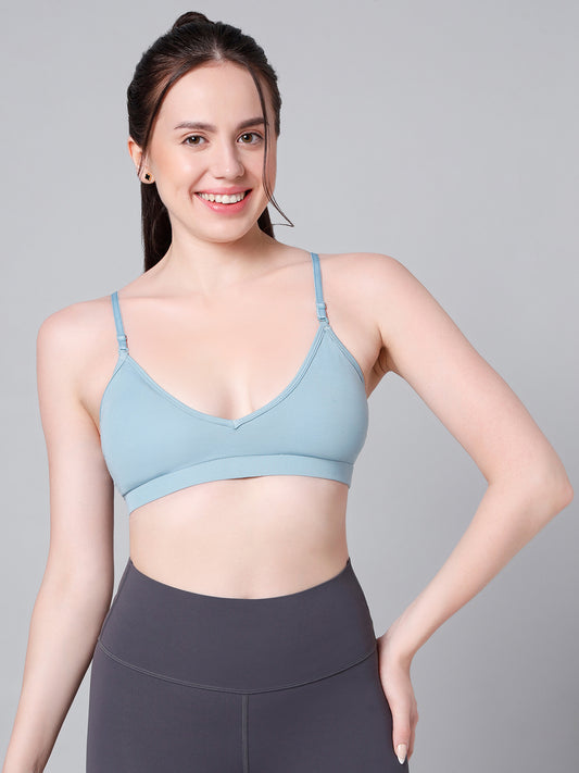 Cotton Stretch Padded Wire-Free Triangle Bra - V-Neck Everyday Comfort - Chalk