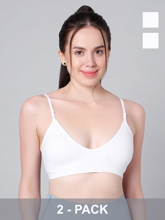 Cotton Stretch Padded Wire-Free Triangle Bra - V-Neck Everyday Comfort - White - Pack of 2