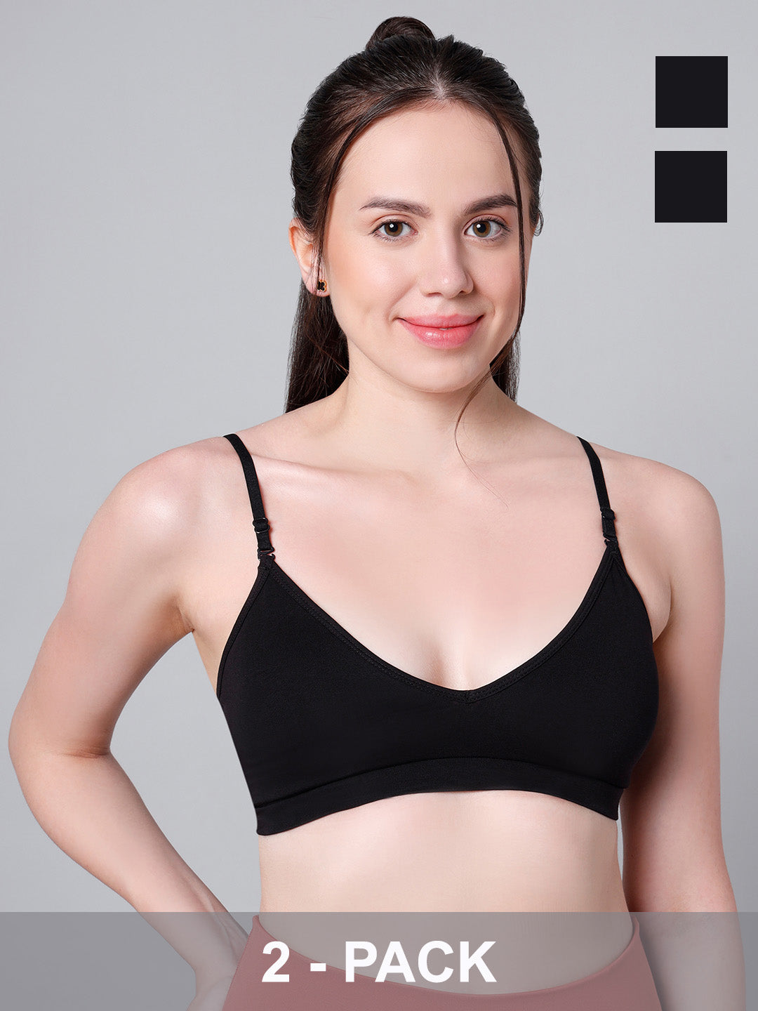 Cotton Stretch Padded Wire-Free Triangle Bra - V-Neck Everyday Comfort - Black - Pack of 2