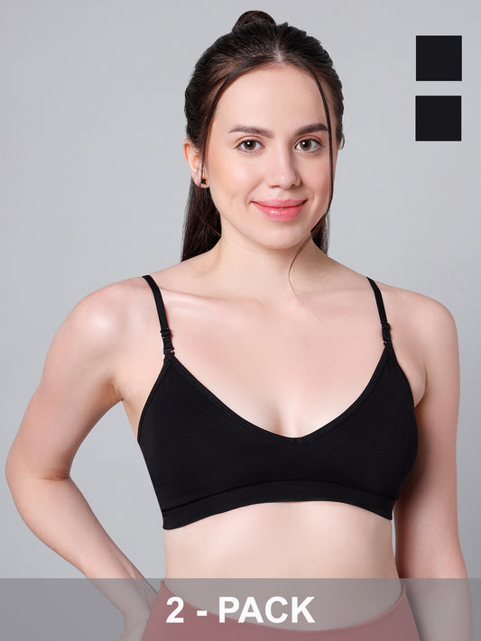 Cotton Stretch Padded Wire-Free Triangle Bra - V-Neck Everyday Comfort - Black - Pack of 2