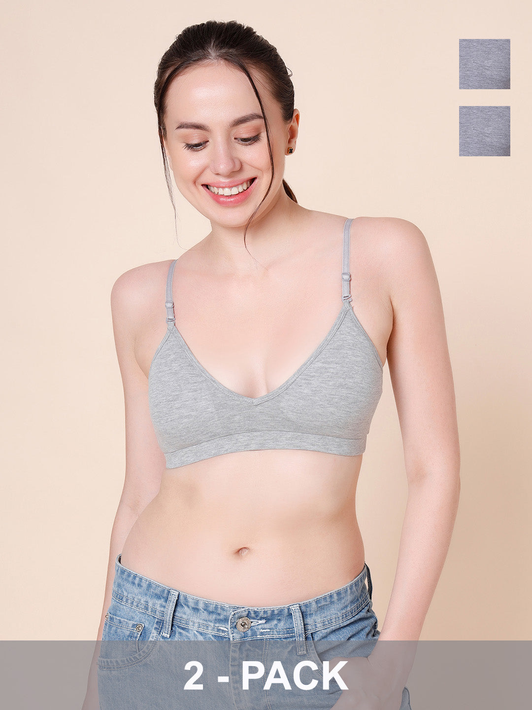 Cotton Stretch Padded Wire-Free Triangle Bra - V-Neck Everyday Comfort - Grey Melange - Pack of 2