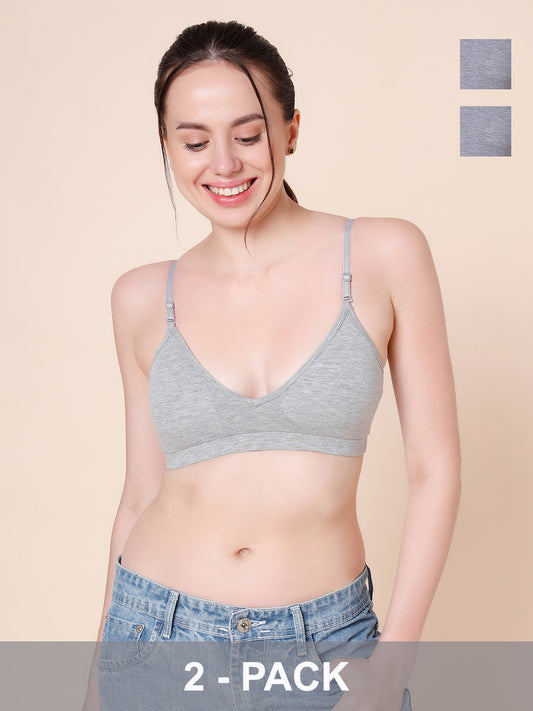 Cotton Stretch Padded Wire-Free Triangle Bra - V-Neck Everyday Comfort - Grey Melange - Pack of 2