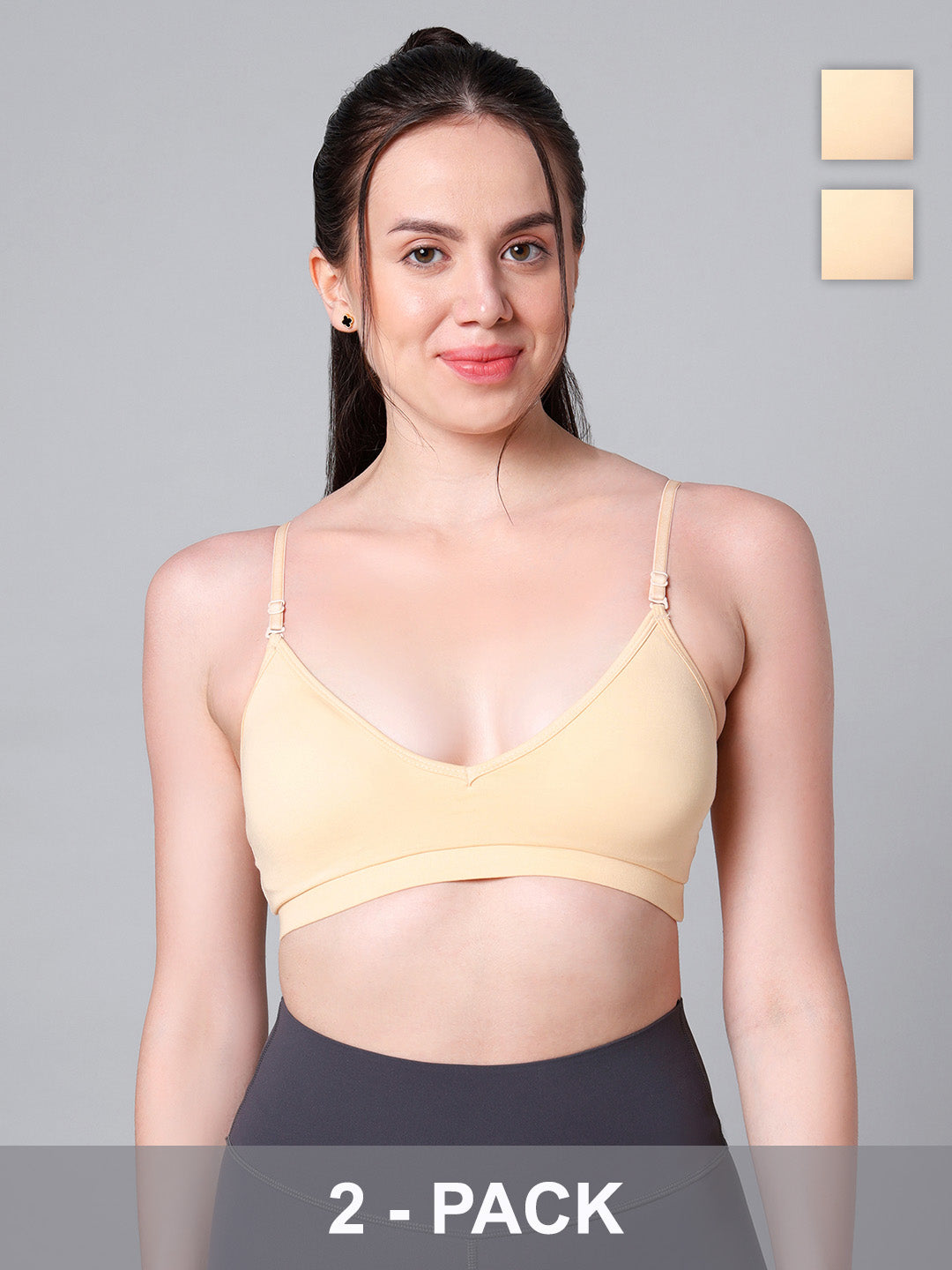 Cotton Stretch Padded Wire-Free Triangle Bra - V-Neck Everyday Comfort - Skin - Pack of 2