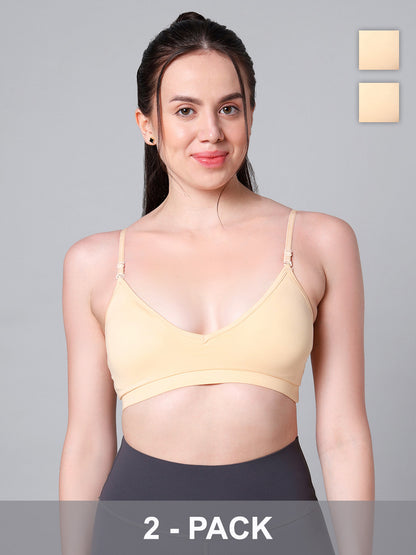 Cotton Stretch Padded Wire-Free Triangle Bra - V-Neck Everyday Comfort - Skin - Pack of 2