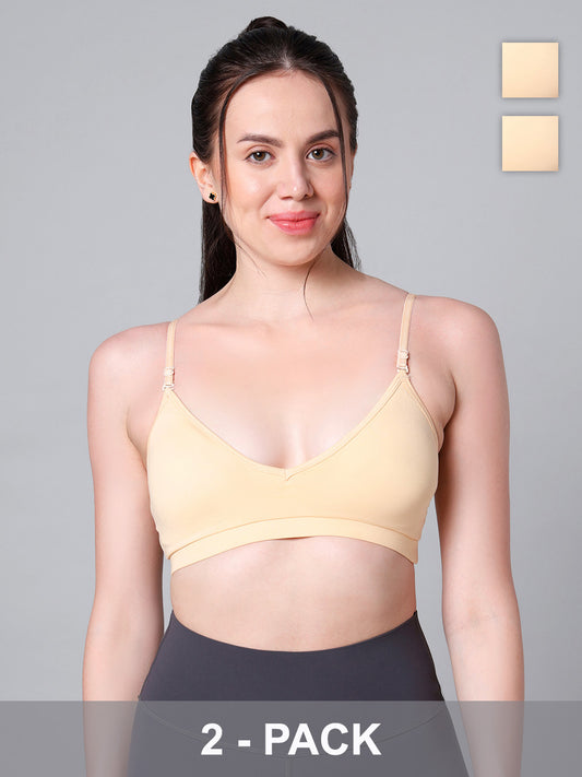 Cotton Stretch Padded Wire-Free Triangle Bra - V-Neck Everyday Comfort - Skin - Pack of 2